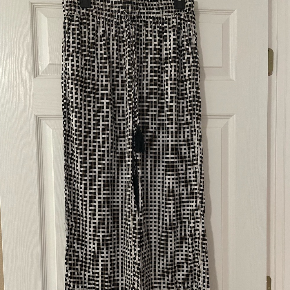 Black and white windowpane plaid wide leg pants